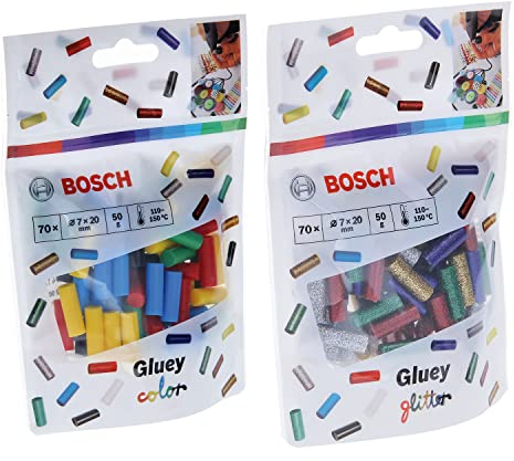 Bosch 70tlg. Gluey Klebesticks (Farbige Klebesticks, Zubehör für Heißklebestift Gluey) & Bosch 70tlg. Gluey Klebesticks Glitzer (Glitzernde Klebesticks, Zubehör für Heißklebestift Gluey)