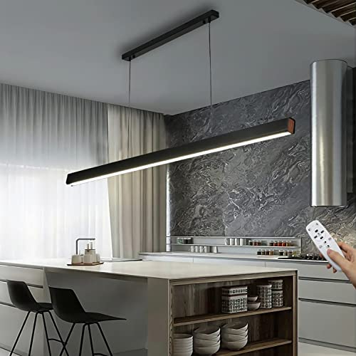 LED Pendelleuchte Dimmbare Schwarz Langer Streifen Esstisch Hängeleuchte mit Fernbedienung Moderne linear Design höhenverstellbar Kronleuchter Lampe für Esstisch Esszimmer Sekretariat Küche 48W/120cm