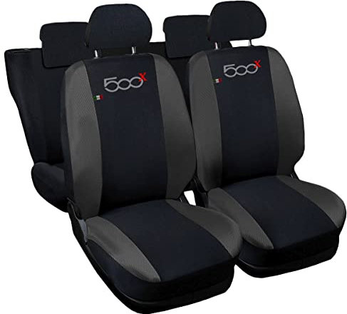 Auto Accessori Lupex | Coprisedili Auto Compatibili con 500X 2014-2023, Set 12 Pezzi, Made in Italy, Tessuto Policotone, Fodere Protezioni Sedili Anteriore e Posteriore (Nero/Grigio Scuro)