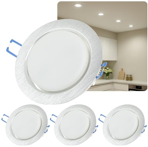 3x LED Einbaustrahler 230V Aluminium rund – 8W GX53 Fassung, (750lm, 4000K Neutralweiß) – Ultra flache Einbauspots, Ø95mm Lochmaß – Deckenspots Alu gebürstet