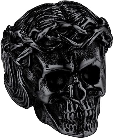FaithHeart schwarz herren männer Fingerring in Größe 62 Punk Retro Siegelring Vintage Totenkopf mit Dornenkrone Ring Partnerring Freundschaftsring für Paar Pärchen