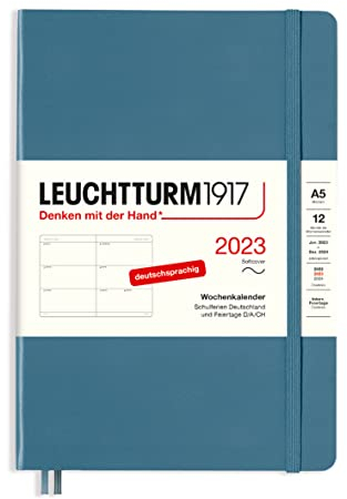LEUCHTTURM1917 365750 Wochenkalender, Softcover, Medium (A5) 2023, 12 Monate, Stone Blue, Deutsch