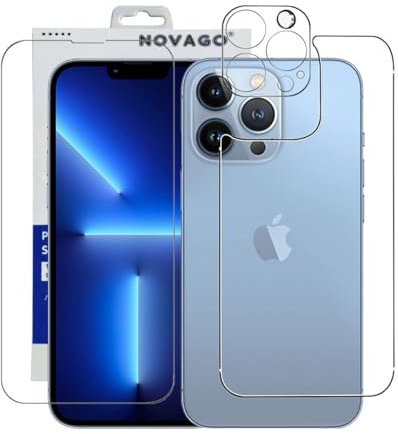 NOVAGO Compatible avec iPhone 13 Pro Max (6,7'') - Lot complet de 3 Films Protection Verre trempé résistant pour l'écran et la caméra et le dos de iPhone