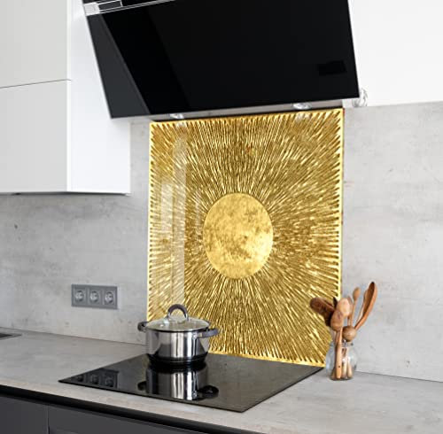 Myphotostation Golden Leaf Tempered Glass Backsplash 70WX43H'' Gold Splashback for Kitchen Decor Bathroom Wall Protector Stove Backsplash Panel Tile Glass Splashback