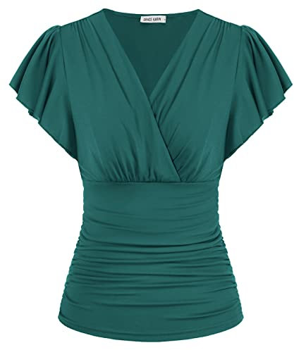 GRACE KARIN Women's Short Lantern Sleeves Pull On Blouse Shirts Casual Loose V-Neck T-Shirts Tops Dark Green S