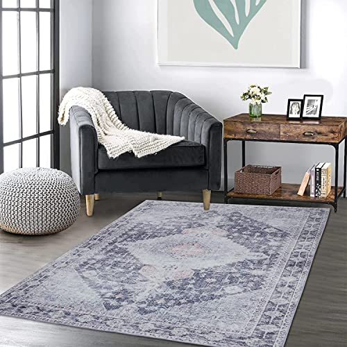 LuxFocus Traditioneler Teppich Kurzflor Teppich für Wohnzimmer Schlafzimmer Medallion Blumen Muster Used Design Teppich rutschfest Bettvorleger Bodenmatte Waschbar Faltbar Schwarz 80x150 cm