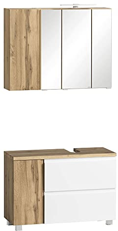 Lomadox Badmöbel Waschbeckenunterschrank mit Spiegelschrank, 85cm, LED Beleuchtung, Wotan Eiche Nb. mit weiß matt, B/H/T ca. 85/200/35 cm