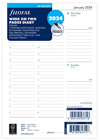 Filofax A5 Woche auf 2 Seiten, Spaltenformat, Englisch, 2024, weiß