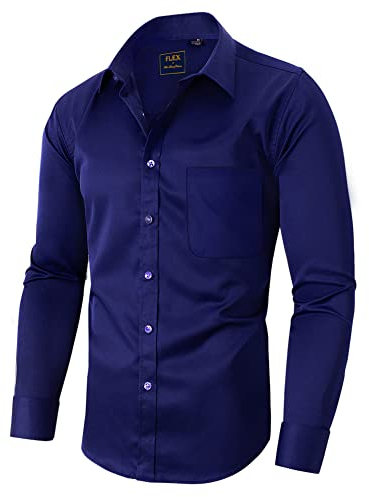 siliteelon Mens Dress Shirt Plain Navy Blue Long Sleeve No Iron Casual Regular fit Formal Shirts