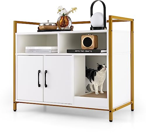 COSTWAY Katzenschrank Katzentoilette mit Doppeltüren & Kratzunterlage, Katzenhaus mit offenem Regal & 2 Fächern, Katzenhöhle Katzenklo Schrank, für Katzen Hunde Haustier (Weiß)