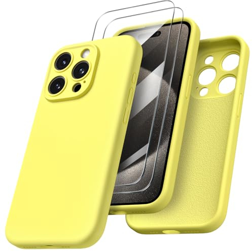 ORNARTO Compatible with iPhone 15 Pro Case 6.1 inch, with 2 Screen Protector Liquid Silicone Gel Rubber Cover [Full Body] Shockproof Protective iPhone Case for iPhone 15 Pro-Creamy Yellow