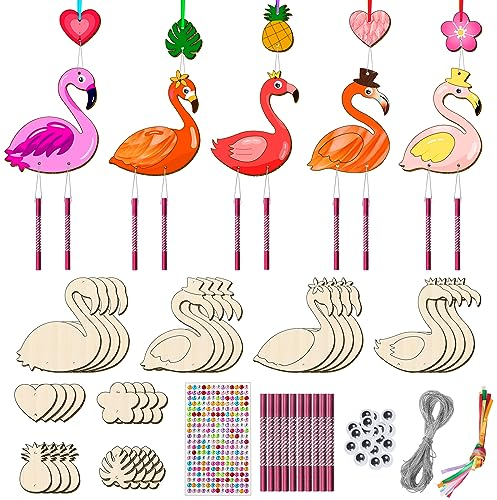 16 Stück Windspiel Bastelset Kinder, Flamingo Holz Klangspiel Basteln Bastelhandwerk zum Bemalen Doppelseitig Holz zum Bemalen für Mädchen Junge Kindergeburtstag