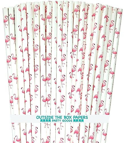 Art Paper Straws 25pcs, Biodegradable Recyclable Drinking Straws for Wedding - Birthday Party, Cocktail, Holiday, Coffee, Soda, Baby Shower Suppliers. (Pink Flamingo)