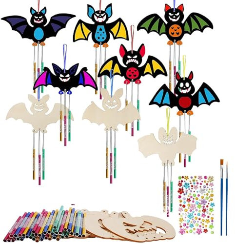 9 Stück Windspiel Bastelset Kinder,Halloween Fledermaus Windspiel DIY Set DIY Windspiel Basteln Bastelset Mit Pinsel Hanfseil Klangspiel Klangspiele Holzbastelset Für Kinder Zum Anmalen Und Dekorieren