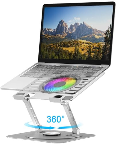 YTech Laptop Stand,with 360°Rotating Base,External Cooling Fan,Adjustable RGB Lighting,Ergonomic Foldable Notebook Computer Holder.Compatible with All 10-17 Laptops Tablets,Silver