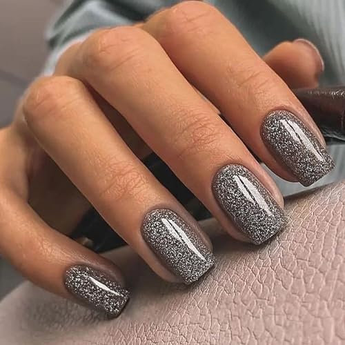 Ceboic 24Pcs Court Carré Faux Ongles Paillettes Noires Français Press on Nails Naturel Bâton sur Ongles Acrylique Faux Ongles à Coller DIY Nail Art Décoration pour Femmes et Filles