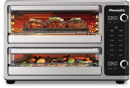 PowerXL SmartSynx - Horno freidora de aire de doble puerta, cocina diferentes alimentos al mismo tiempo, 10 funciones de cocción, incluyendo hornear, asar, tostar, asar y más, ideal para comidas