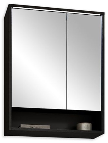 BERLIN Spiegelschrank Bad mit LED-Beleuchtung in Schwarz - Moderner Badezimmerspiegel Schrank mit viel Stauraum - 60 x 75 x 20 cm (B/H/T)