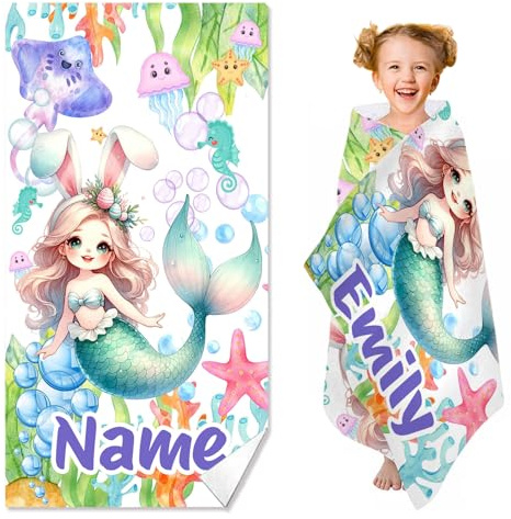 KARPIX Personalisiert Strandtuch Badetuch mit Namen, Anime Meerjungfrau Badetuch Strandlaken Handtuch, Individuellem Meerjungfrau Badehandtuch für Mädchen Kinder (80x160cm)