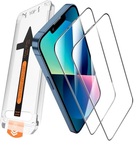 JEHOO 2 Pack for iPhone 13/13 Pro/14/16e 6.1 Inch Screen Protector, HD Clear Auto-Dust Removal, Full Coverage Premium Tempered Glass, Anti-Scratch, High Transparency with Auto Alignment Install Frame