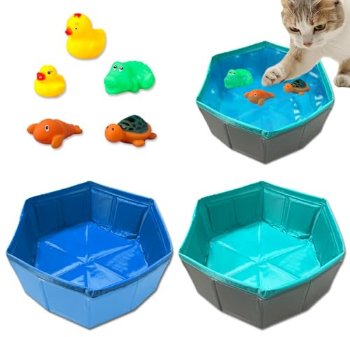 2 pièces Jouets de Piscine pour Chats avec 5 pièces de Jouets de Natation, VEINARDYL Piscine de Jeu Pliable en PVC pour Chat Jouet drôle interactif Chat Poisson Jouet Piscine pour Chats d'intérieur