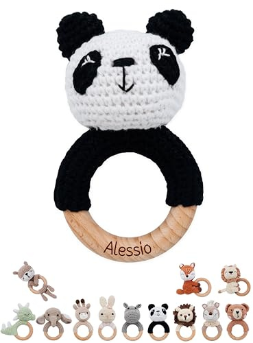wunderwunsch® - Personalisierter Beißring Baby - Niedlicher Greifling für Baby's ab 0 Monate - Babyrassel mit Name als Baby Geschenk für Mädchen und Jungen (Panda,mit Name)