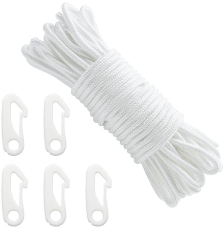 CONNECTION 20M Flag Pole Rope with 5 Pcs Flag Pole Clips 6mm Nylon Flag Rope Flagpole Rope Flag Pole Halyard Rope Plastic Hook Clips for Flagpole,Garden,Camping,Outdoor,Clothesline,Swing (White)