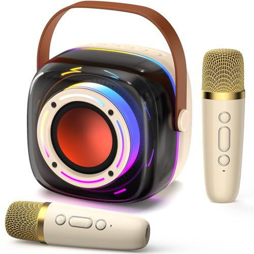 Karaoke Machine with 2 Wireless Mircophones for Adults Kids, Portable Bluetooth Karaoke Speaker with 3.5 Full-Range Speaker and Colorful LED Lights, Support USB/TF Card/AUX (2Mics)