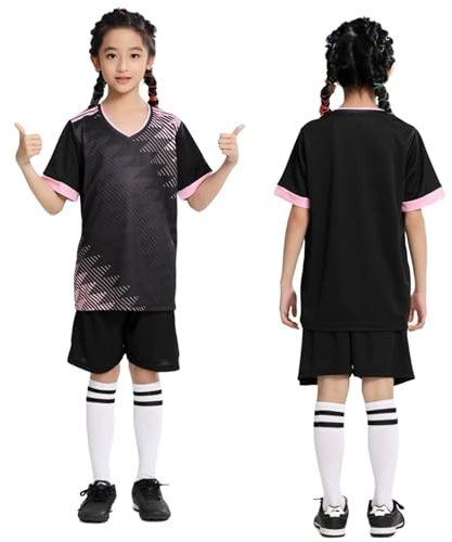 Kids Football Kits Uniform Jerseys Boys Girls Sports Shorts Sets Tracksuit SoccerTraining Activewear Short Sleeve Set Black 10-11Years