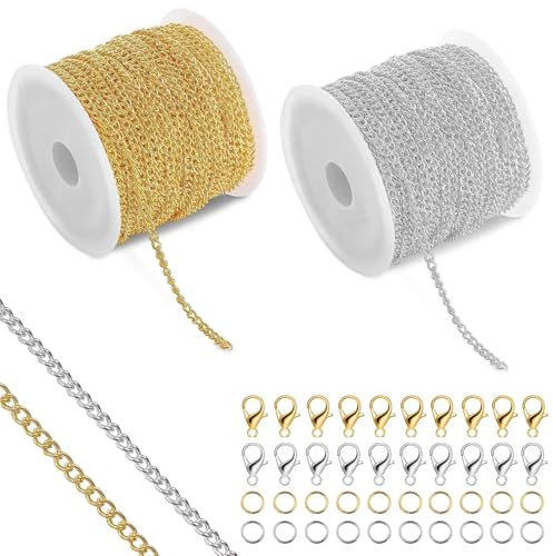 Rairsky 10m Gold Silver Chain for Jewellery Making Supplies, 2.4 mm DIY Craft Bracelet Necklace Making, Necklace Making Kit With 60 Lobster Clasps and 120 Jump Rings (Gold and Silver Each 5m)