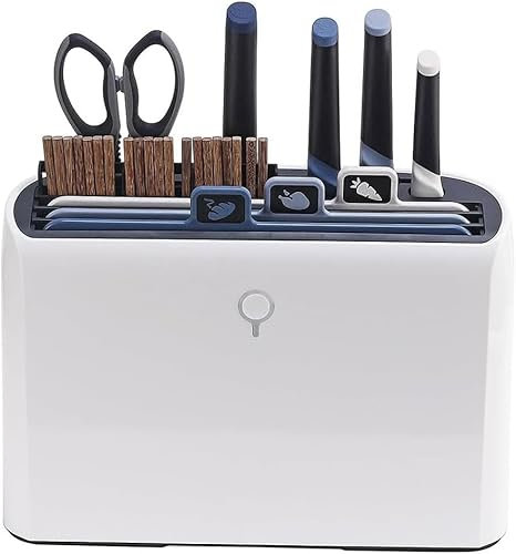 Smart Cutting Chopping Board & Knife Set, UV, 70°C Drying Rack Organisation Tool, 3 Colour Coded Boards & 4 Knives & 10 Pairs of Chopsticks & 1 Pair of Scissors, Kitchen Restaurant (A)