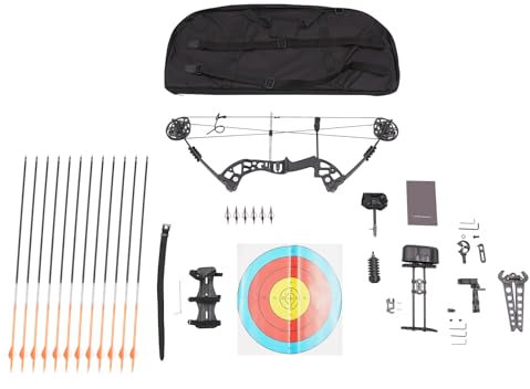 Compoundbogen Set, Sportbogen mit 12 Pfeile, 10 Stück Zielpapier und anderes Zubehör, Frei Einstellbar Langbogen für Outdoor-Wettbewerbe, Jagd, Bogenschießen Ziel Training, Sport-Spiel Praxis