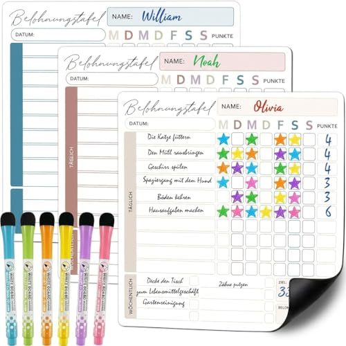 BIROYAL 3er Belohnungstafel Kinder mit 6 Stifte - 22x22cm Magnetisch Aufgabenplaner Kinder Abwischbar - Haushaltsplan Familie für Mädchen und Jungen - Tagesablauf, to Do List Board für Kühlschrank