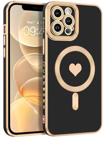 Telaso Magnetic Case for iPhone 12 Pro Max Case, [Compatible with MagSafe] TPU Cute Plating Love Heart Pattern Camera Protection Shockproof Protective Phone Cases For iPhone 12 Pro Max 6.7 inch, Black