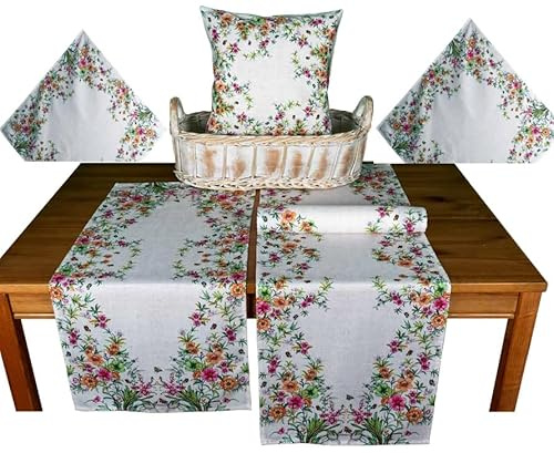 Tischdecke Mitteldecke Frühling Sommer 85 x 85 cm Ecru beige meliert Druckdesign Gräser mit bunten Blumen