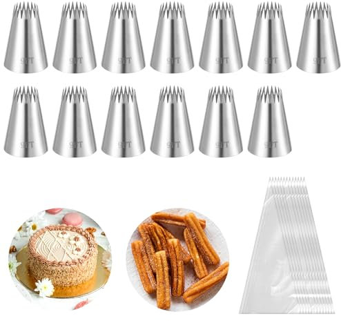 ElevateTech 13 er Set Spritztüllen Set Profi Spritztüllen große Edelstahl-Spritztüllen Kuchendekorationszubehör Keksdekorationswerkzeuge Zuckerguss gefüllte Kuchen Donuts Puffs Geschenkartikel