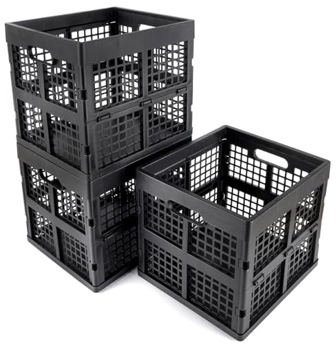 Eslite 3-Pack Collapsible Plastic Storage Crates,Foldable Crates for Storage,16L (Black)