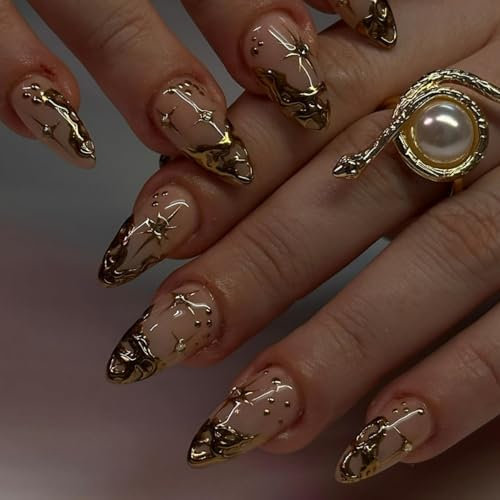 JUSTOTRY 24 Pcs Star Almond False Nails Short,Press on Nails with 3D Sculpting Metallic Pattern,Glossy Fake Nails Medium for Nail Art,Gold French Oval Pearls Stick on Nail for Women Gifts