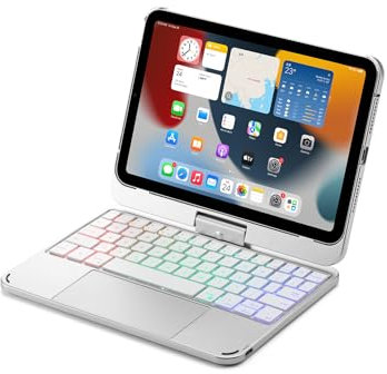 Bueuwe Custodia con Tastiera per iPad Mini 7 A17 PRO/Mini 6a Generazione, touchpad Girevole a 360° e Tastiera retroilluminata a 7 Colori,Argento