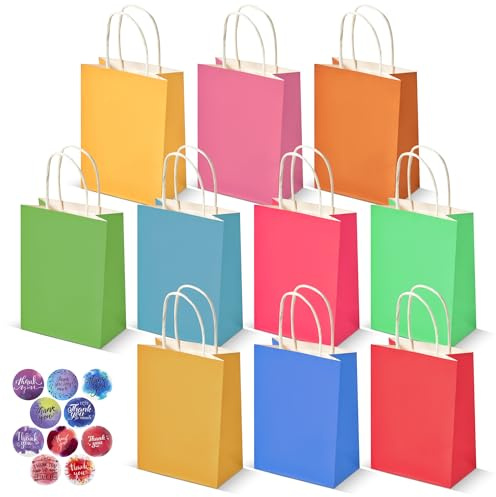 HURUC Colourful Paper Party Bags with Handles 10 Pack 120 GSM | Rainbow paper bags for kids parties, birthdays, baby showers, easter, classrooms and party favours.