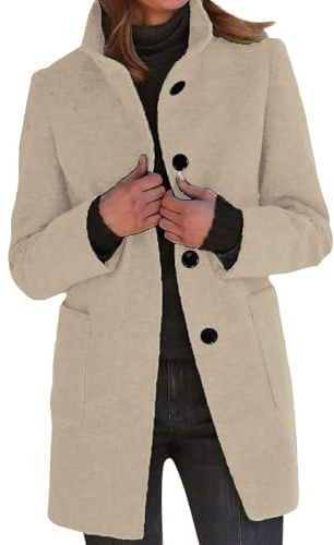 Wollmantel Damen Winter Mantel Lang Wintermantel Elegante Damenmantel Casual Tweed Übergangsjacke Einfarbig Freizeitjacke Stehkragen Jacke Mit Knöpfen Winterjacke Frauen Mit Taschen Wolljacke