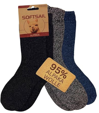 HENKi 3 Paar Alpaka Socken 95% Wolle PREMIUM, Herren Damen Kinder, Warm Kuschelig mit Alpakawolle, Thermo Flauschig Stricksocken, für Mann Frau (DE/NL/SE/PL, Numerisch, 43, 46, SCHWARZ/OREO/BLAU)