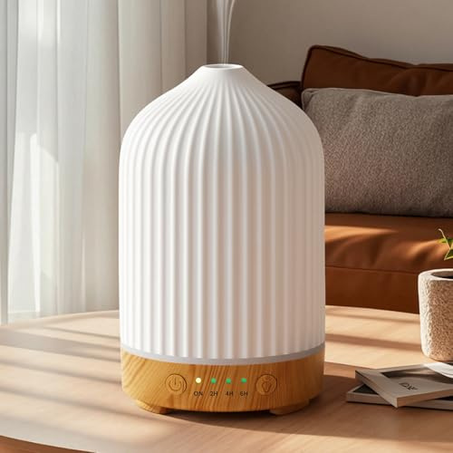 Aromatherapy Essential Oil Diffuser for Home - 200ml Ceramic Electric Ultrasonic Scented Aroma Oil Diffuser with Auto Shut Off/4 Timer/7 LED Night Lights for Office Yoga, Home Decor (White)