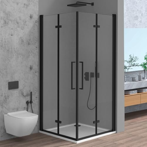 Box Doccia Angolare 70x90 Con Doppia Porta A Soffietto In Vetro Temperato Trasparente E Profili Nero Opaco - Linea Neos - H 195 Cm E Spessore 6 Mm