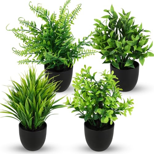 Kievano 4er Set Künstliche Pflanzen im schwarzen Topf, 18–23 cm Kleine Fake Plants für Badezimmer, Wohnzimmer & Büro – Realistische Kunstpflanze Klein, Pflegeleicht, Langlebig & Dekorativ