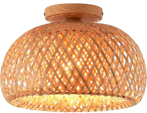 COOINJOY Bambus Deckenleuchte Boho, Halbkugel-Design, Naturfarben Rattan-Geflecht, Landhaus-Stil, für Schlafzimmer, Kinderzimmer, Flur, E27 Fassung(D40, keine Glühbirne)