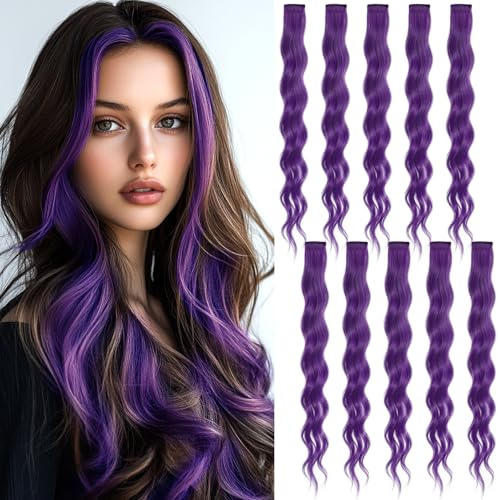 10 Pezzi Extension Capelli Viola, 55 cm Extension Ricce a Clip in Fibra Sintetica per Donne Ragazze Cosplay Party