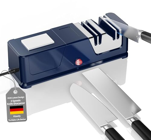 Elektrischer Messerschärfer, Profi-Diamant-Messerschärfer, Leisem Motor, Schnelles für Küchenmesser, Messerschärfer für Raue und Feine, Ideal für Alle Messerarten (Blau)