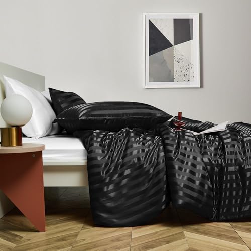 Boqingzhu Satin Bettwäsche Gestreift 135x200cm Schwarz Glatt Luxus Seide Glanzsatin Bettwäsche Set Bettbezug mit Reißverschluss und Kissenbezug 80x80cm