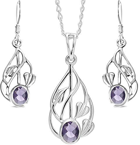Alexander Castle Women's Jewellery Set 925 Sterling Silver & Amethyst Charles Rennie Mackintosh Gift Set - Necklace and Earring Set with Jewellery Gift Box